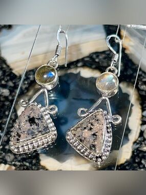 Honey Dendritic Agate & Labradorite Earrings 2 1/4”